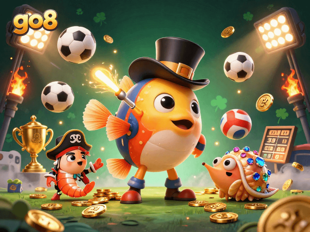 Engage with go8's thrilling treasuries as a 3D anglerfish lures in golden coins, surrounded by animated sports elements.