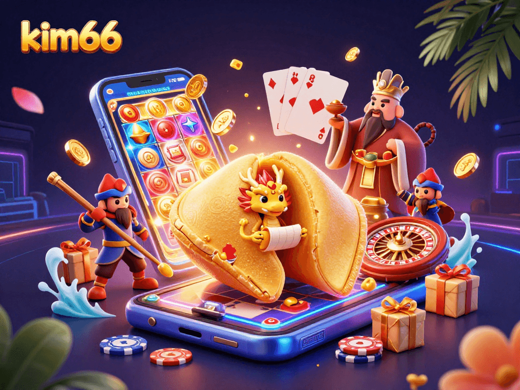 Experience the thrilling world of kim66 with vibrant games and magical elements in this 3D digital illustration.