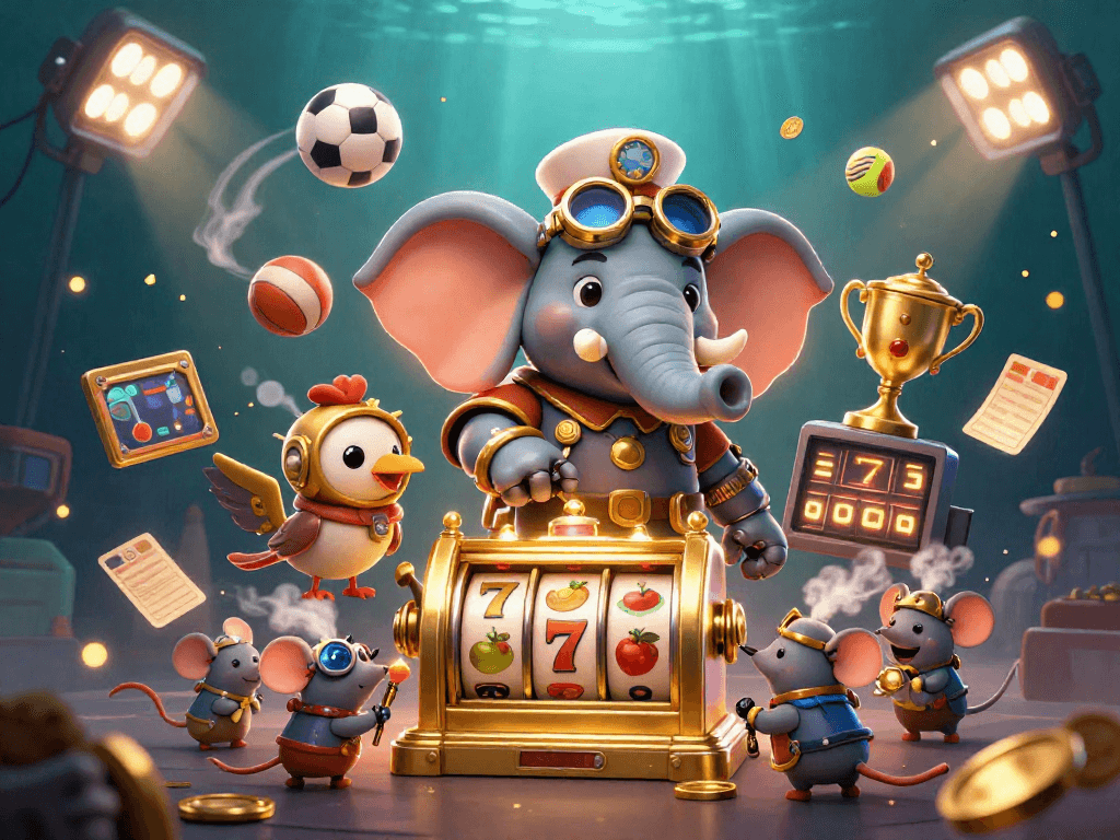 Experience thrilling gaming with sunwin's steampunk elephant operating a golden slot machine.