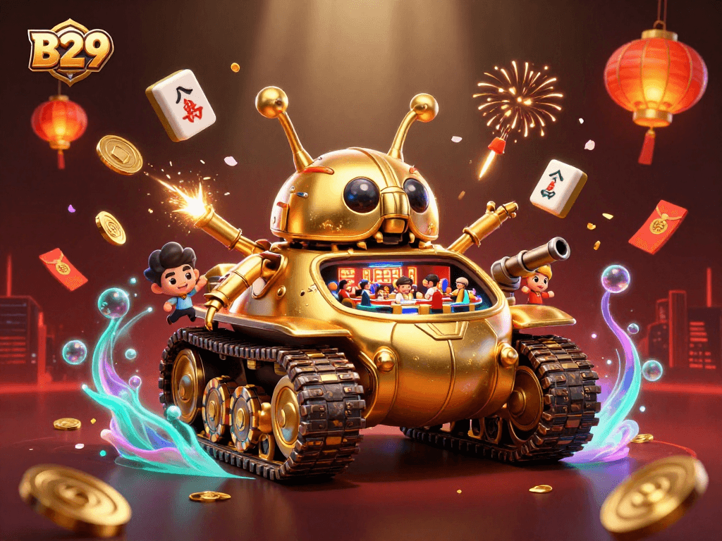 B29 players enjoying a vibrant casino atmosphere inside a golden beetle tank, surrounded by engaging game elements.