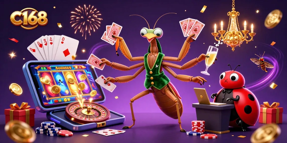 C168's dynamic casino scene featuring a giant mantis dealing cards and a ladybug pit boss amidst slot games and poker elements