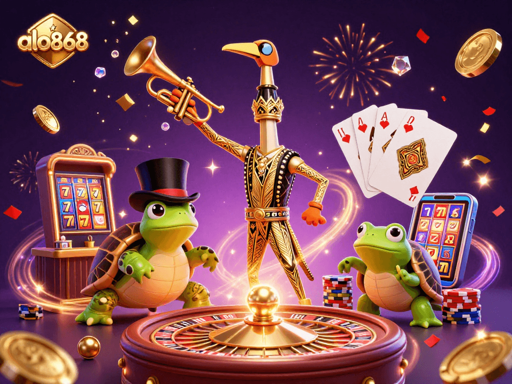 Experience the excitement of alo868 with interactive characters and dazzling casino elements in a vibrant setting.