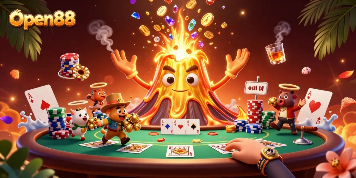 Experience the excitement of Open88 as the golden volcano erupts in coins and gems, surrounded by dynamic poker elements.