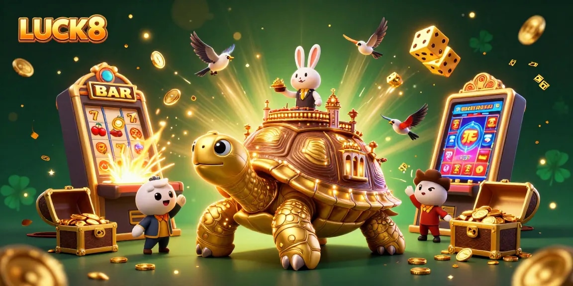 Engage with LUCK8's immersive casino world, featuring a golden tortoise and a rabbit dealer in action.
