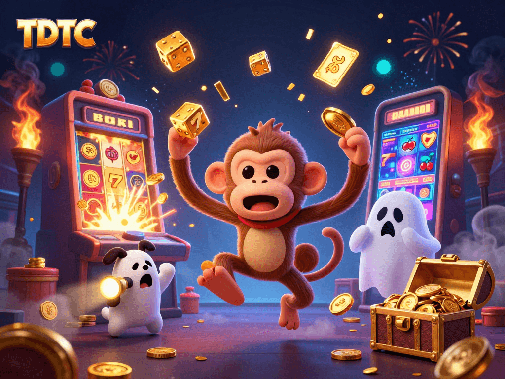 Engage with TDTC in this vibrant 3D casino illustration showcasing a poltergeist monkey and a ghost-hunter puppy.