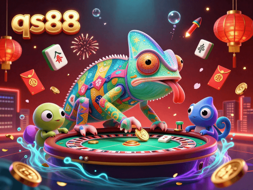 Experience the thrill at qs88 with a vibrant chameleon casino owner capturing golden coins amidst a bustling gaming scene.