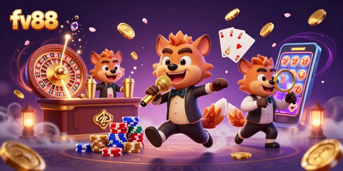 Fv88 showcases a lively casino scene with hyenas engaging in comedy and drinks.
