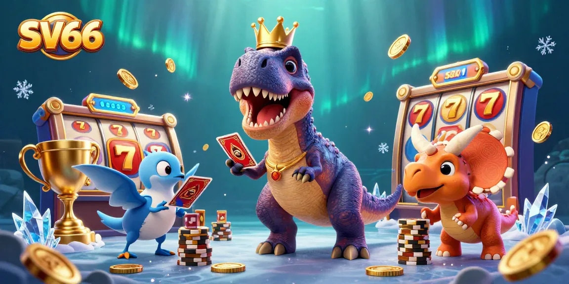 SV66 showcases a friendly T-Rex and a pterodactyl shuffling cards in a vibrant casino scene filled with golden jackpots.