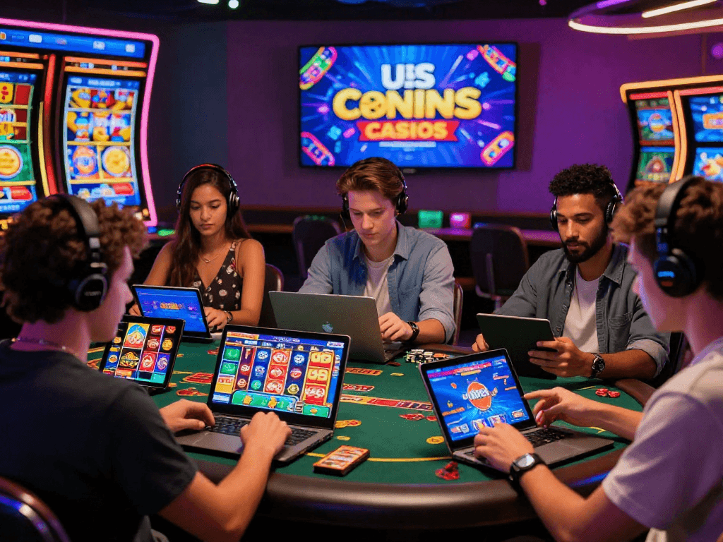 Players enjoying games on US online casinos, showcasing vibrant graphics and digital interfaces in an exciting atmosphere.