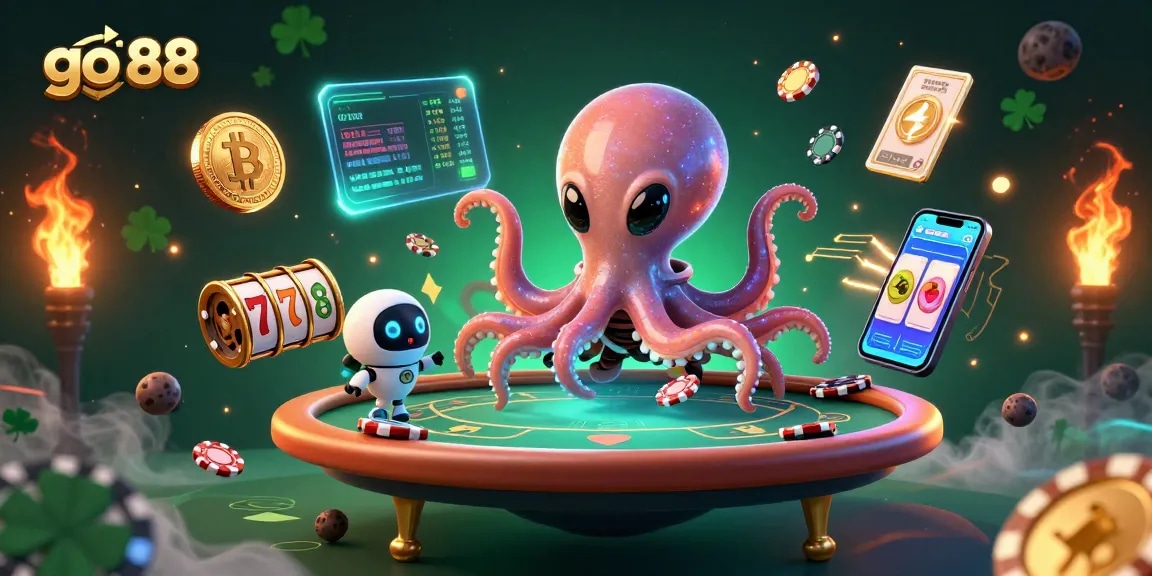 Engage with go 88's exciting alien octopus poker scene featuring vibrant crypto elements and thrilling slot symbols.