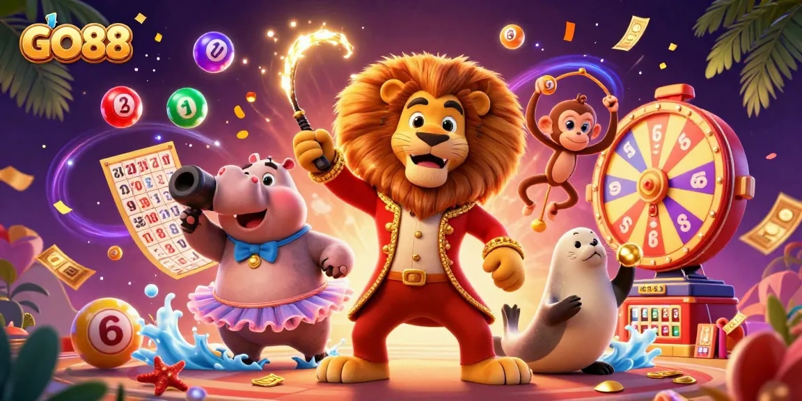Experience the excitement of GO88 with vibrant lottery elements and circus characters in an engaging scene.