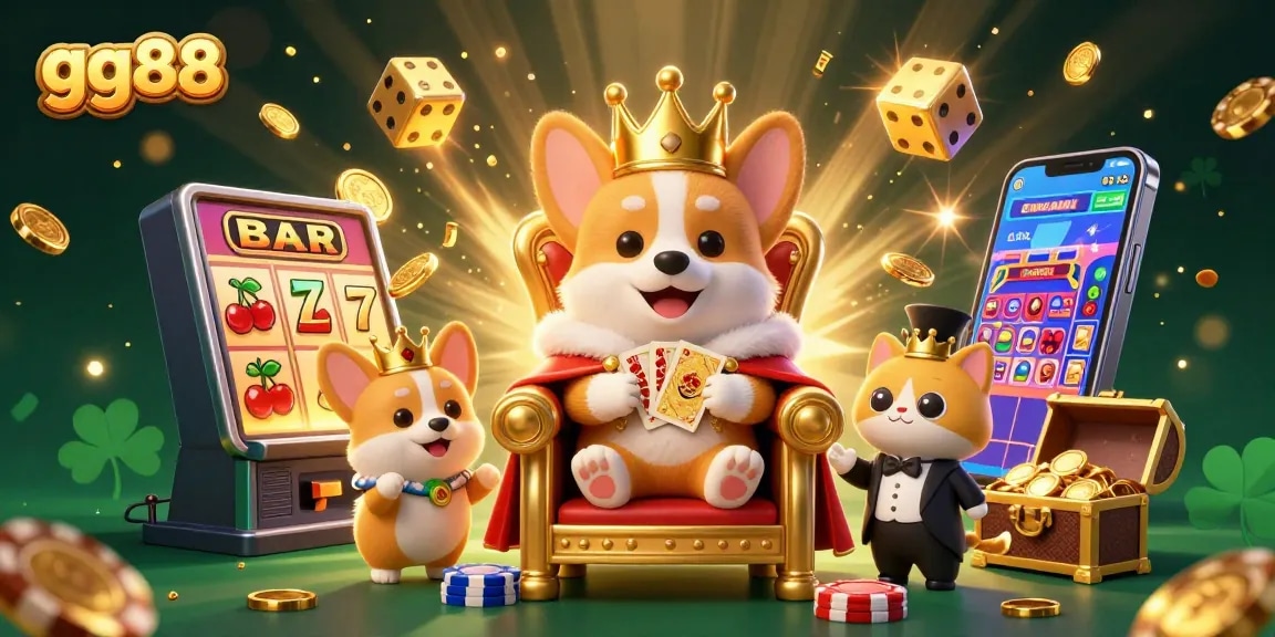 Experience thrilling gameplay at gg88 with a royal corgi ruling a jackpot explosion in this vibrant scene.