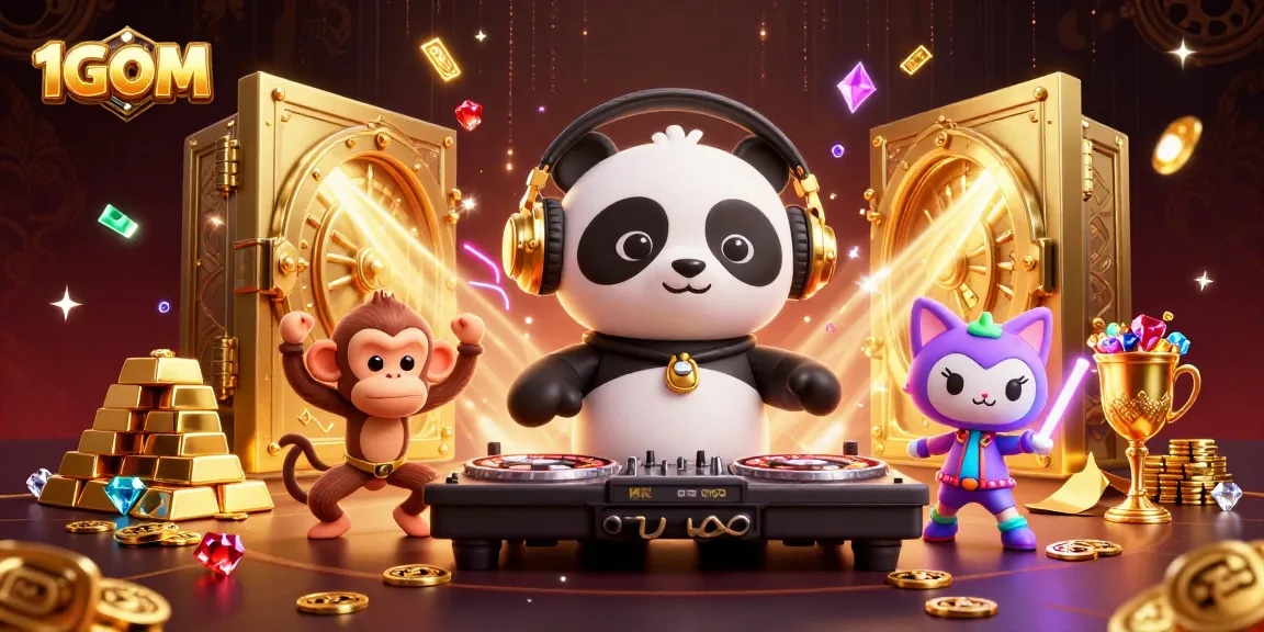 Engage with 1GOM's exciting gaming scene featuring a DJ panda, dancing monkey, and glowing kitten.