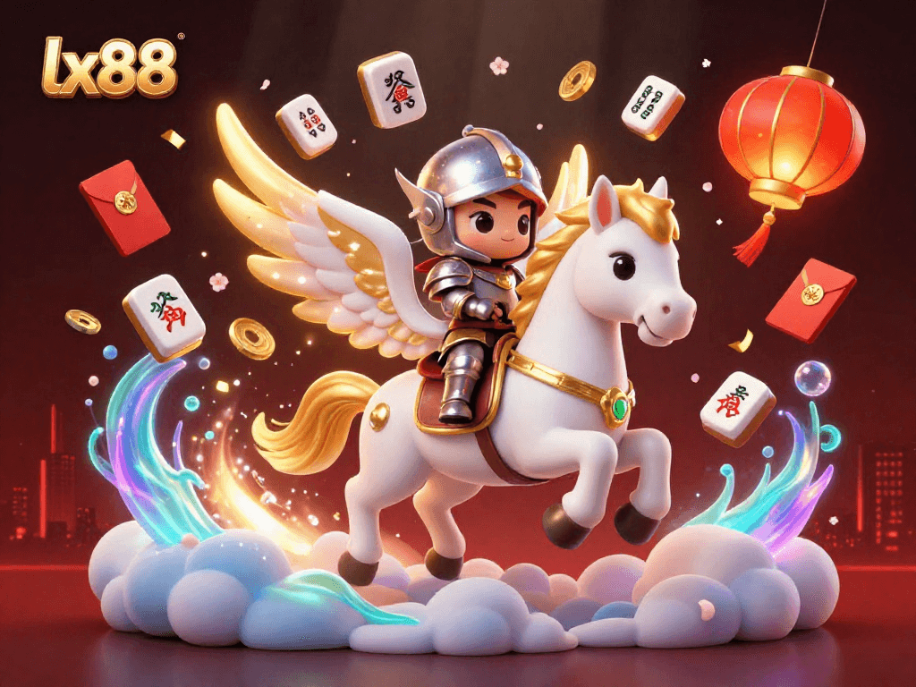 Experience thrilling gameplay at lx88 with a celestial horse and knight amidst festive gambling elements.