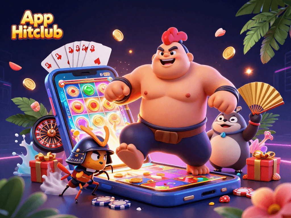 Play exciting games on App Hitclub showcasing animated characters and vibrant casino elements.