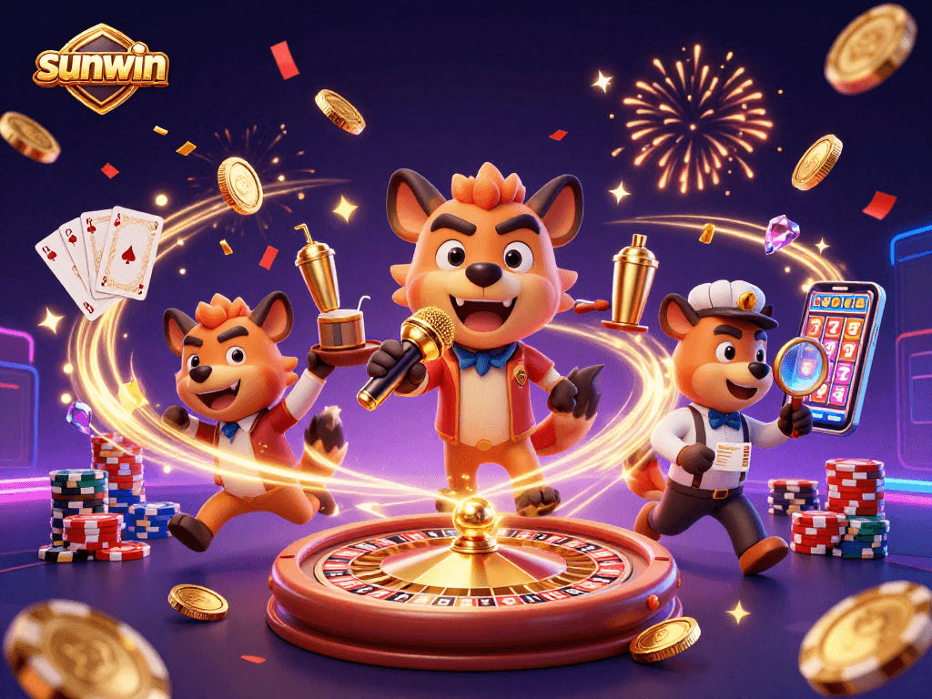 Engage with the sunwin casino scene featuring a comedy club with hyenas, vibrant games, and lively action