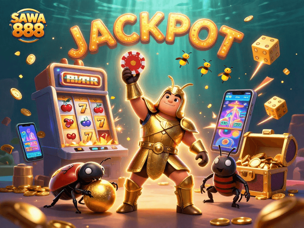 Experience SAWA 888 with a vibrant jackpot scene showcasing exciting casino elements and characters.