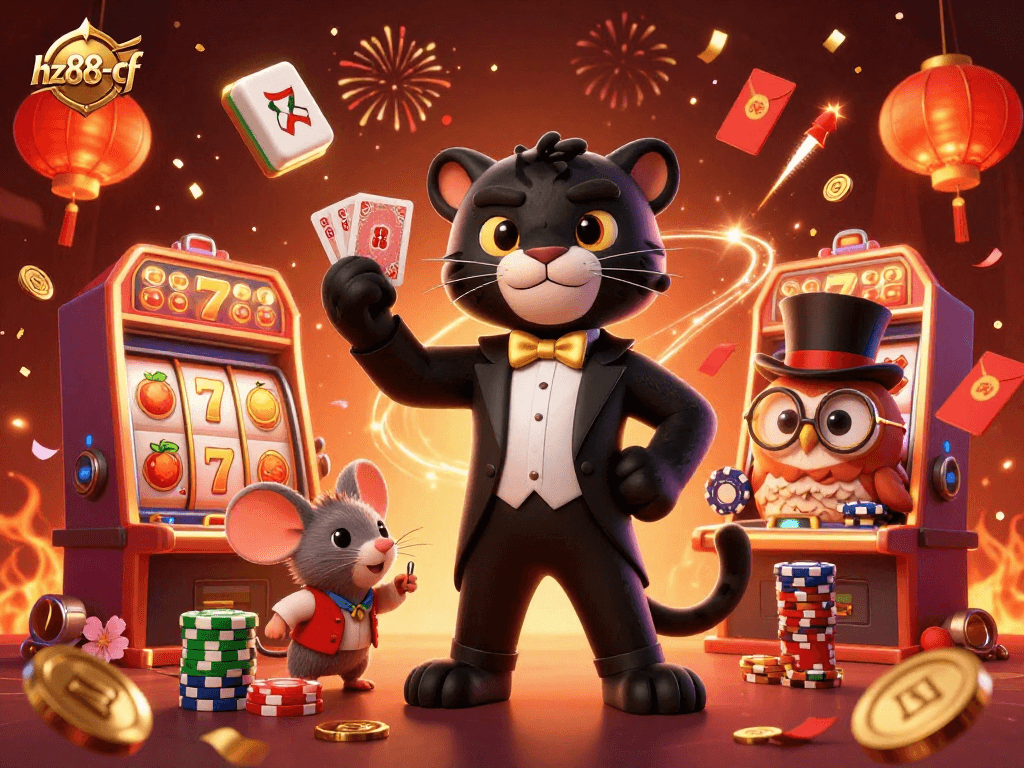Play exciting games at hz88-cf with a cool panther dealer, lucky chip owl, and festive casino atmosphere.