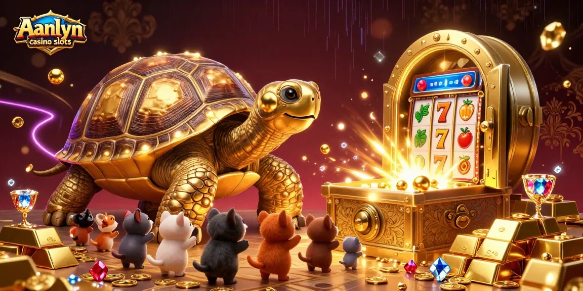 Aanlyn casino slots scene featuring a colossal golden tortoise as a pinball machine, surrounded by vibrant slot elements and treasure.