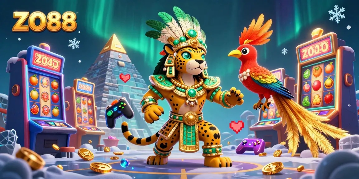 Experience vibrant gaming action at ZO88 with 3D characters and slot machines in an immersive scene.