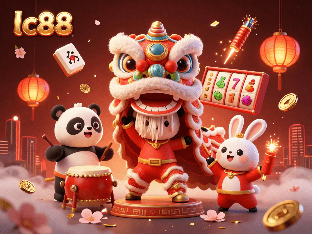 Engage in vibrant casino fun with lc88, featuring a lively lion dance, drumming panda, and festive elements.