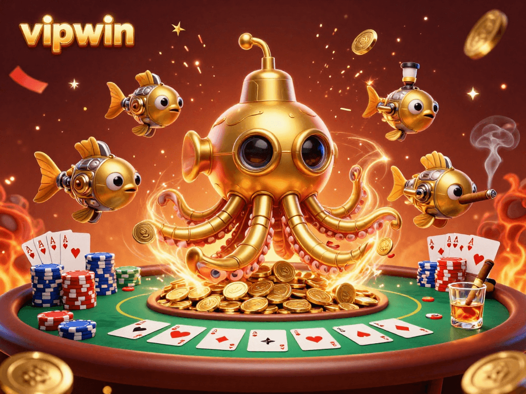 Experience thrilling action at vipwin with a 3D kraken submarine amidst gold coins and poker elements.