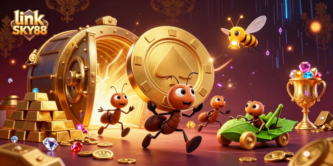 link SKY88 showcases a thrilling scene with ants carrying giant poker chips and treasure in a vibrant casino heist.