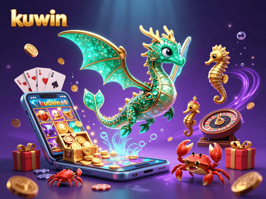 Kuwin unleashes winning strategies with emerald sea dragons, golden treasure, and vibrant gaming elements in a dynamic 3D scene.