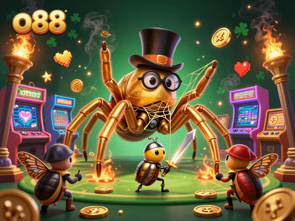 Engage with vibrant 3D gaming action at o88, featuring whimsical characters amidst a bustling casino scene.