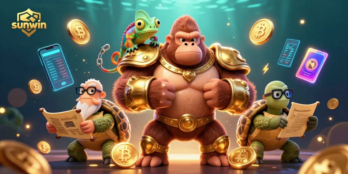 Join sunwin in an exciting casino adventure with a gorilla king, chameleon, and tortoise.