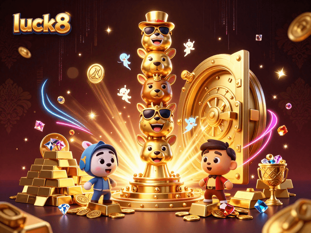 Experience the thrill of winning at luck8 with vibrant casino elements and a golden totem pole illustration.