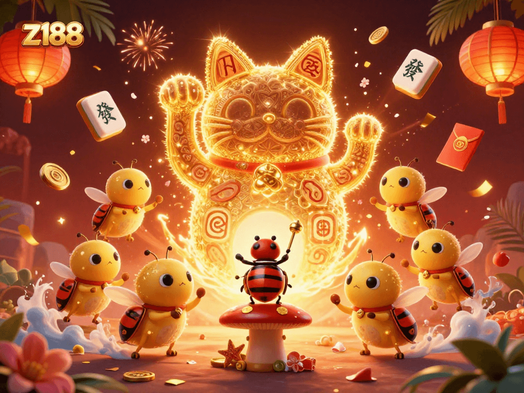 Experience the vibrant world of z188 as golden fireflies form a lucky cat, symbolizing good fortune in casino gaming.
