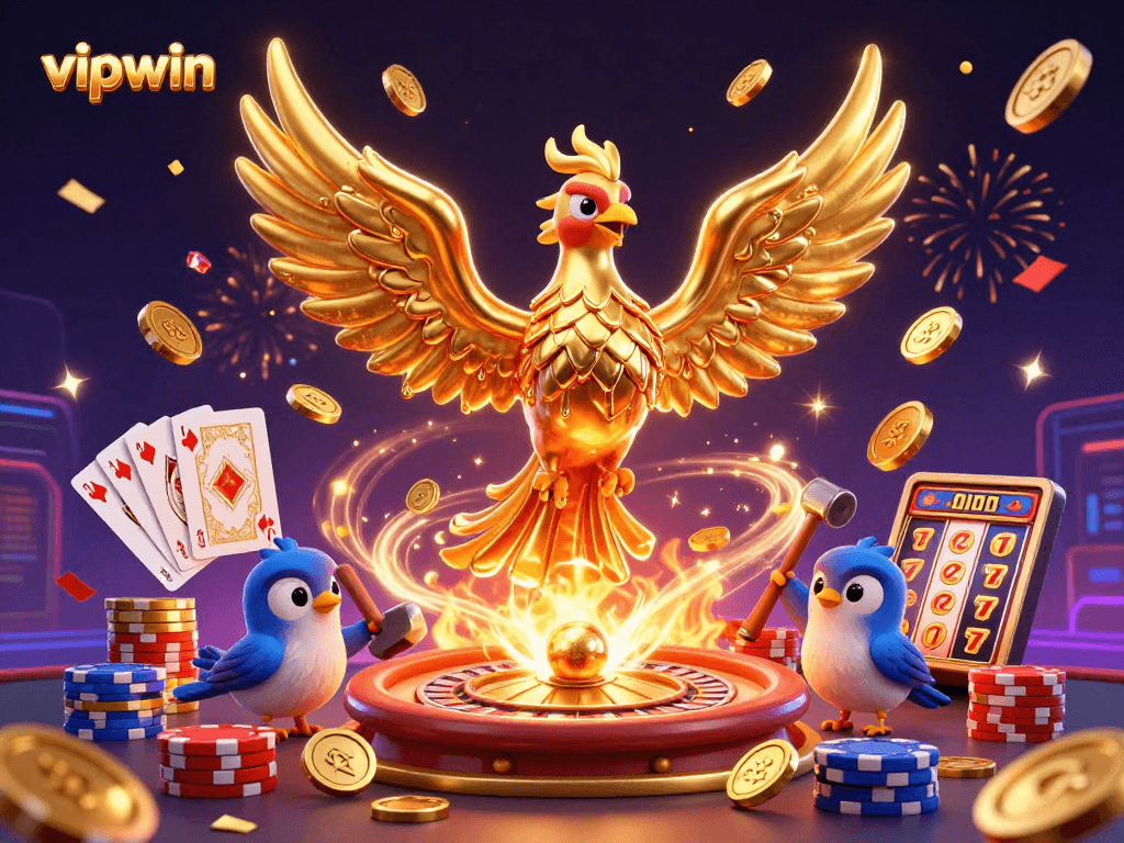 Win big with vipwin's dynamic gaming scene featuring a golden phoenix and casino elements.