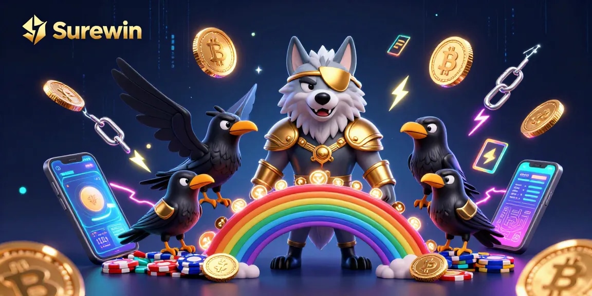 Surewin showcases an engaging casino scene with Odin and ravens amid vibrant gaming elements.
