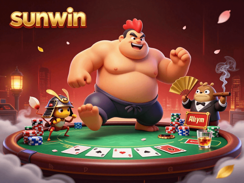 Join the thrilling action at sunwin as the sumo rooster takes charge in a vibrant poker scene!