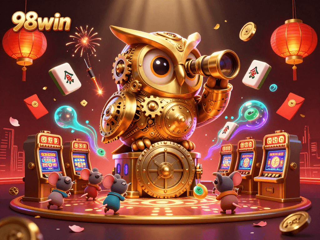 Experience 98win's thrilling gaming atmosphere with golden owl overseeing vibrant casino games and lucky symbols.