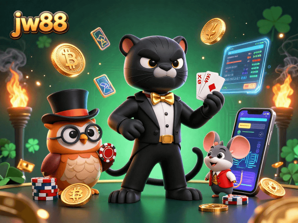 Engage in exciting poker games at jw88 with a stylish panther dealer and vibrant casino elements.