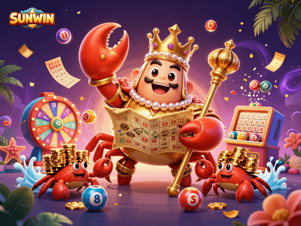 SUNWIN showcases a vibrant casino scene with a golden crab emperor, lottery elements, and dynamic gaming visuals.