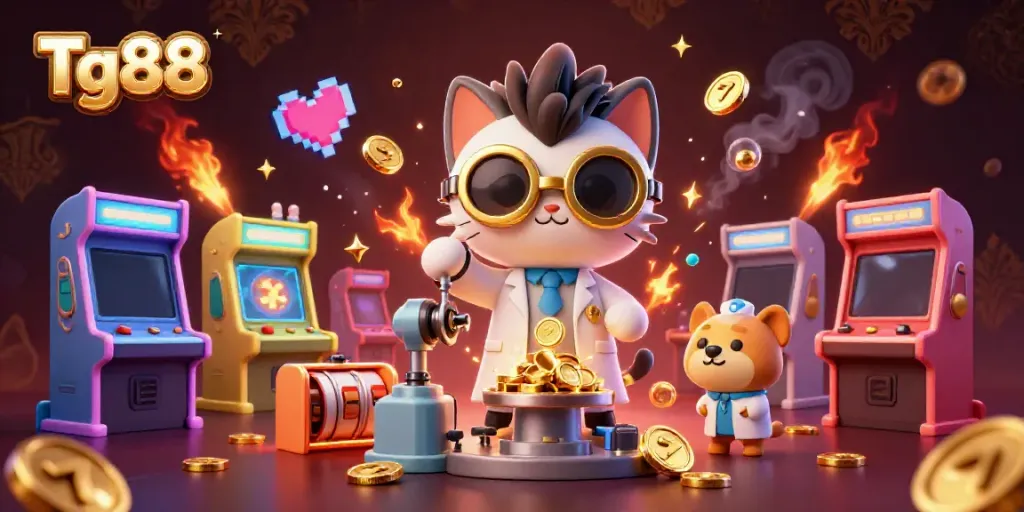 Engage with Tg88's lively world of casino gaming featuring a mad scientist cat and a dog amidst vibrant slot symbols.