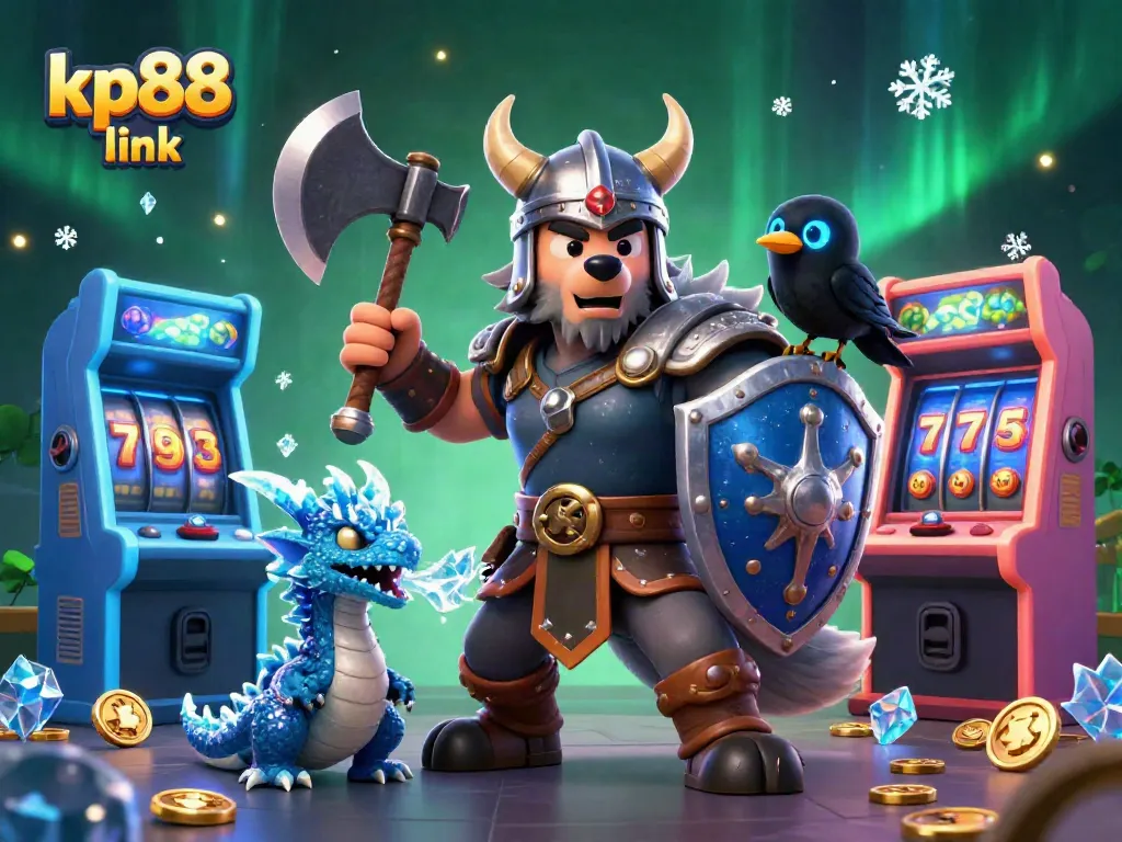 Experience the thrill of KP88 link with this immersive 3D casino scene featuring a heroic Viking wolf and magical elements.