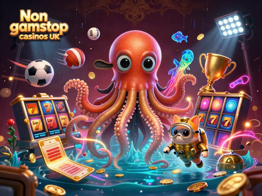Engage with Non gamstop casinos UK featuring a dynamic scene of a kraken and vintage diver amidst vibrant gaming elements.