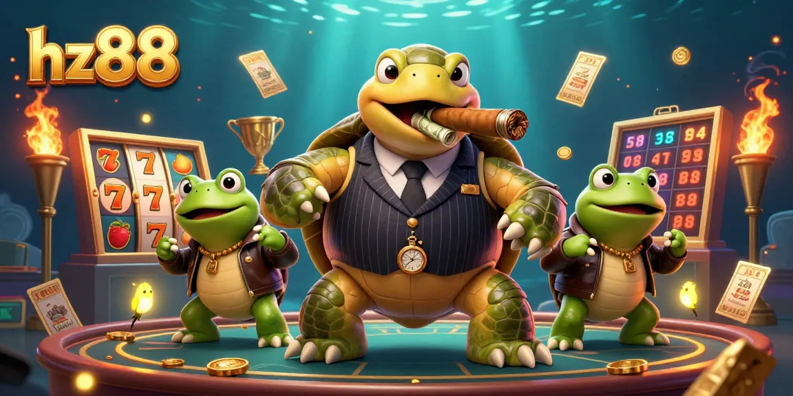 Spin and win at hz88 with a cartoon turtle and bullfrog enforcers in an energetic casino scene.