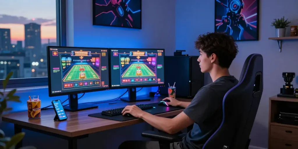 Engaging home office setup for M88 Login alternatif gaming with vibrant monitors and snacks.