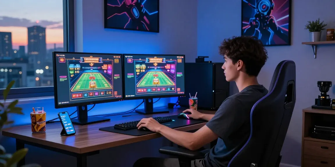 Engaging home office setup for M88 Login alternatif gaming with vibrant monitors and snacks.