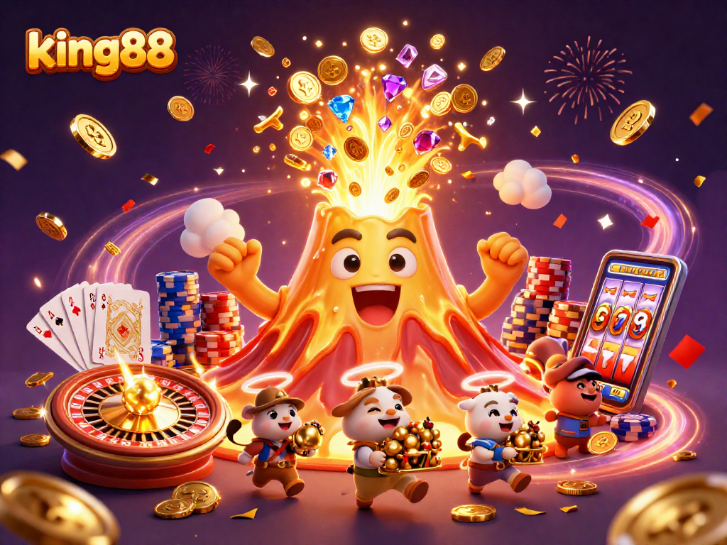 king88 features a triumphant golden volcano erupting coins and gems with tiny explorers escaping treasures