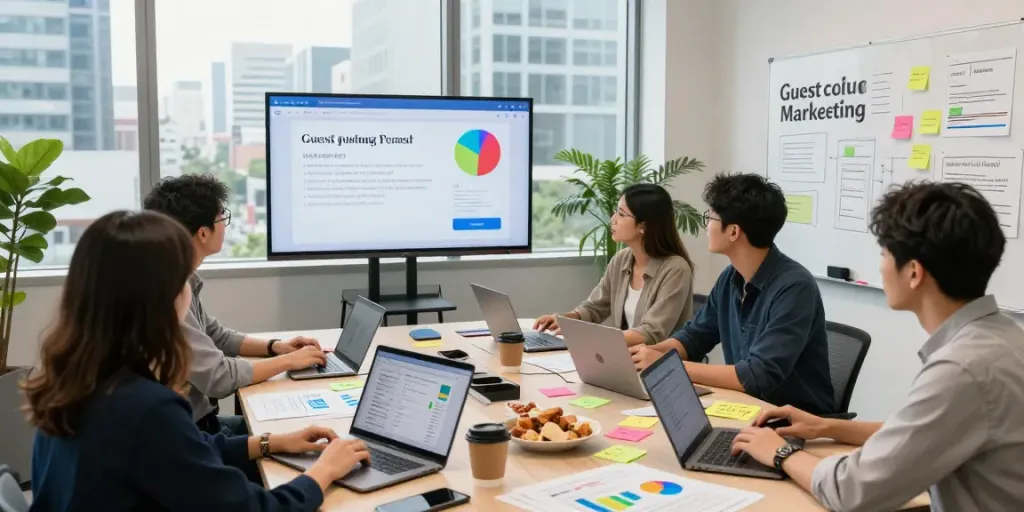 Team brainstorming a guest post strategy in a bright, modern workspace.