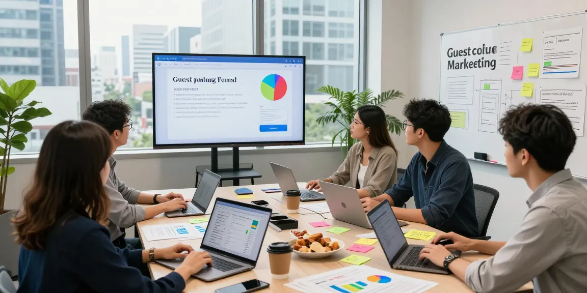 Team brainstorming a guest post strategy in a bright, modern workspace.