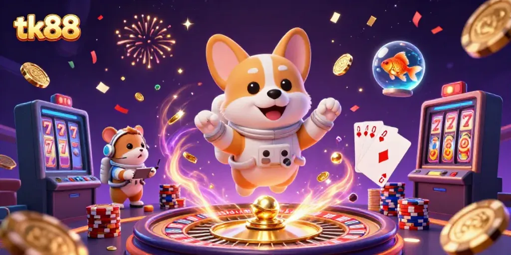 Engage in thrilling play at tk88 with a floating 3D cartoon casino scene full of excitement.