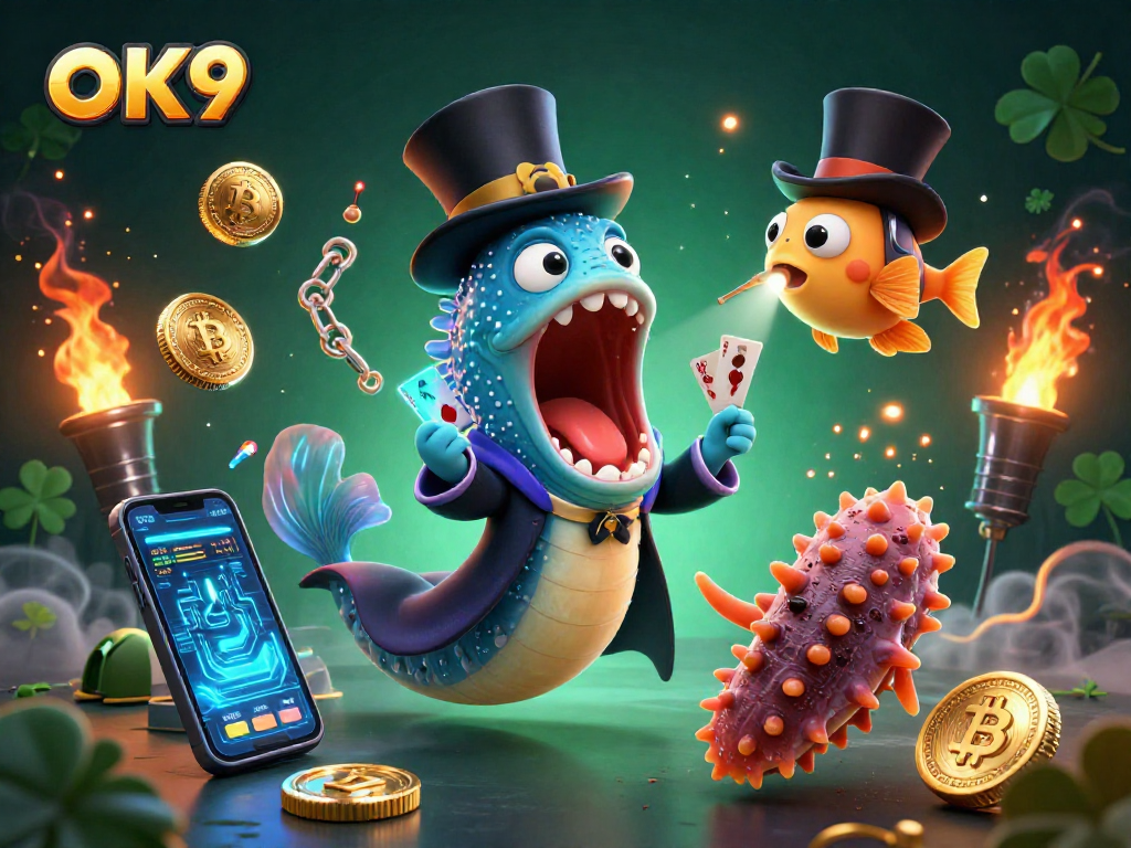 Engaging scene with OK9 characters performing magic tricks, highlighting casino themes and cryptocurrency elements.