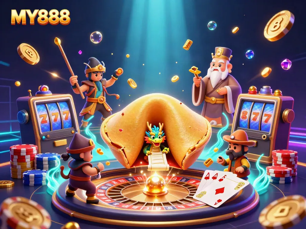 Experience the thrill of MY888 with cartoon dragons and golden treasures, surrounded by casino elements.